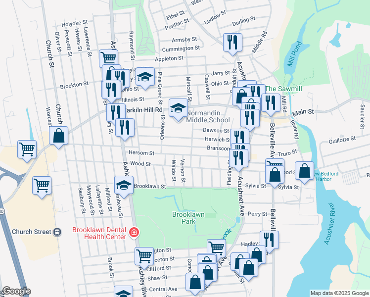 map of restaurants, bars, coffee shops, grocery stores, and more near 28 Felton Street in New Bedford