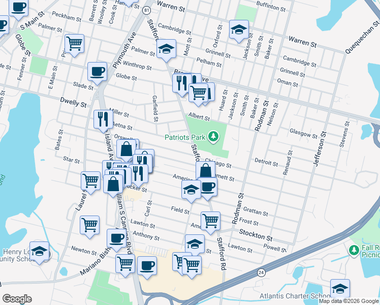 map of restaurants, bars, coffee shops, grocery stores, and more near 585 Tower Street in Fall River