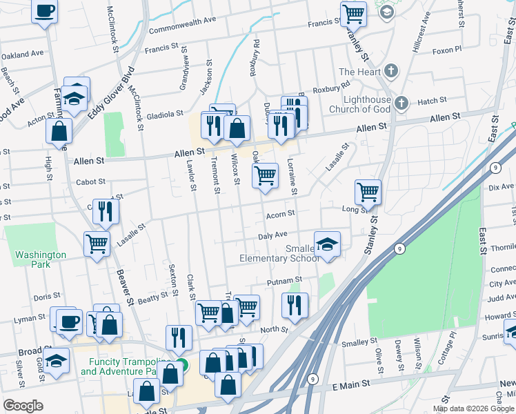 map of restaurants, bars, coffee shops, grocery stores, and more near 167 Oak Street in New Britain