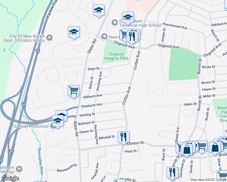 map of restaurants, bars, coffee shops, grocery stores, and more near 50 Hillhurst Avenue in New Britain
