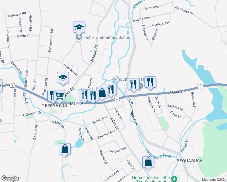 map of restaurants, bars, coffee shops, grocery stores, and more near 110 Main Street in Plymouth