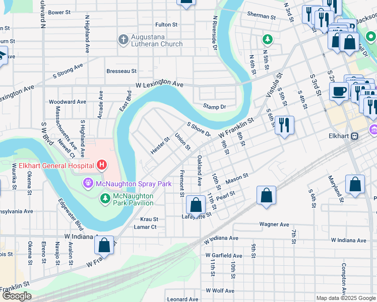 map of restaurants, bars, coffee shops, grocery stores, and more near 1229 West Franklin Street in Elkhart