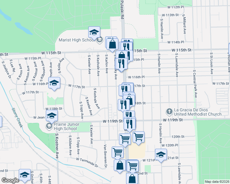 map of restaurants, bars, coffee shops, grocery stores, and more near 11726 South Komensky Avenue in Alsip