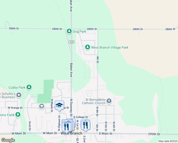 map of restaurants, bars, coffee shops, grocery stores, and more near Reagan Boulevard in West Branch
