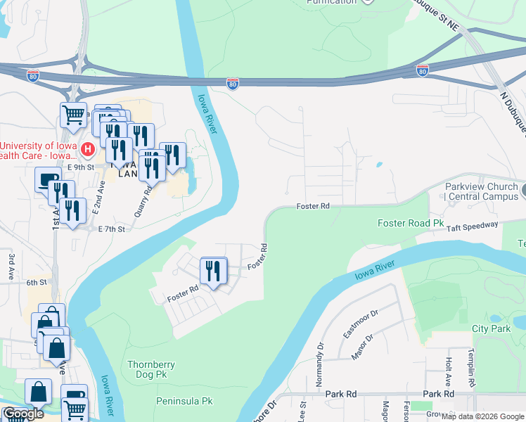 map of restaurants, bars, coffee shops, grocery stores, and more near 872 Foster Road in Iowa City