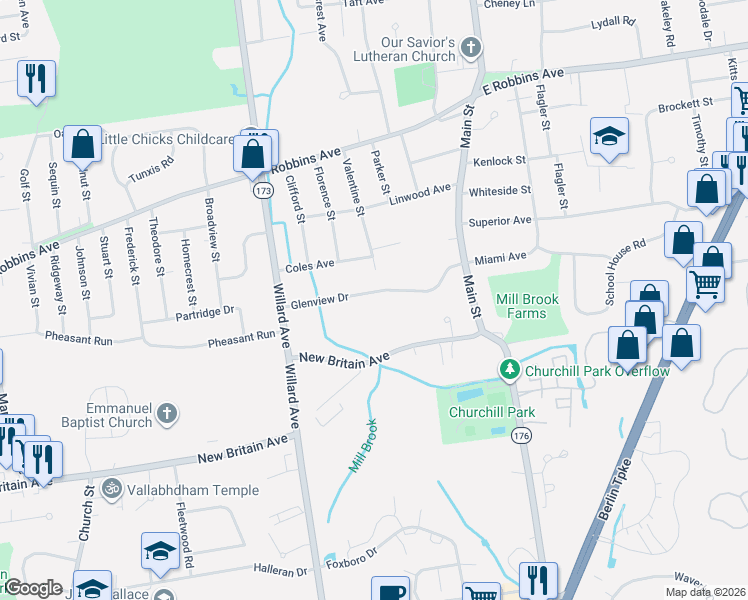 map of restaurants, bars, coffee shops, grocery stores, and more near 94 New Britain Avenue in Newington