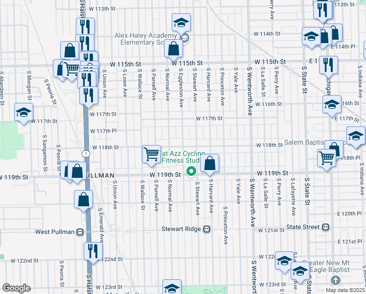 map of restaurants, bars, coffee shops, grocery stores, and more near S Eggleston Ave & W 118th St in Chicago