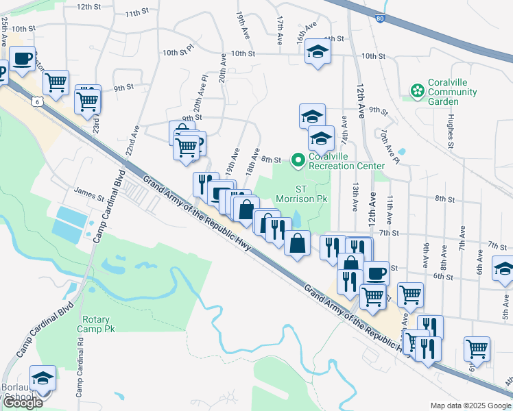 map of restaurants, bars, coffee shops, grocery stores, and more near 1799 5th Street in Coralville