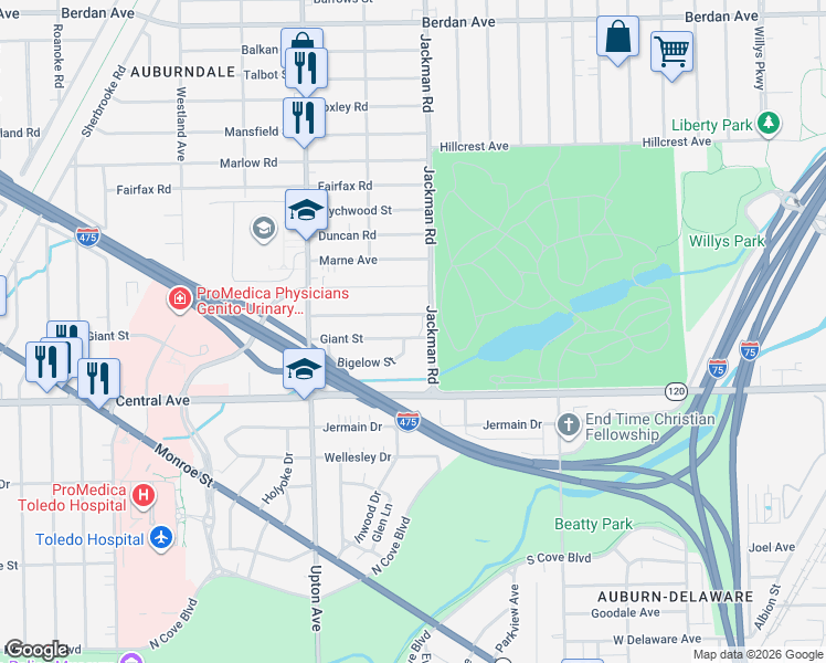 map of restaurants, bars, coffee shops, grocery stores, and more near 3149 Jackman Rd in Toledo