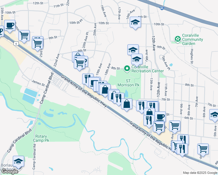 map of restaurants, bars, coffee shops, grocery stores, and more near 1799 5th Street in Coralville