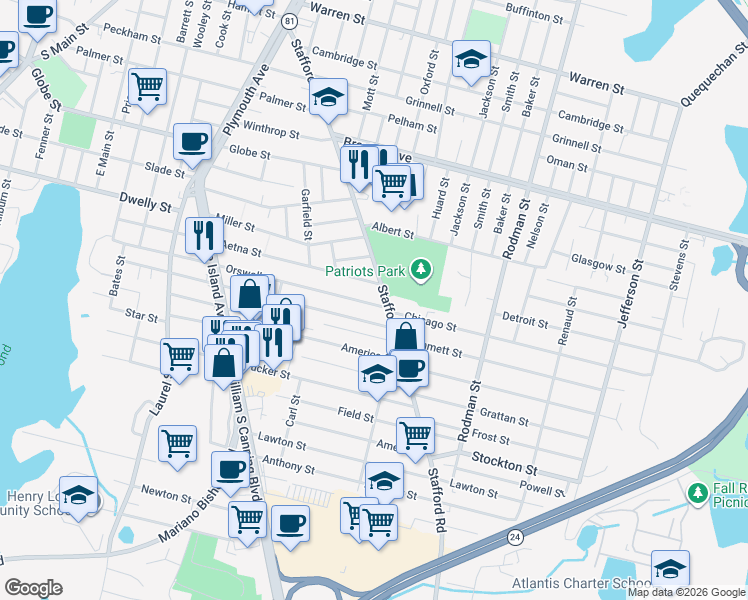 map of restaurants, bars, coffee shops, grocery stores, and more near 585 Tower Street in Fall River