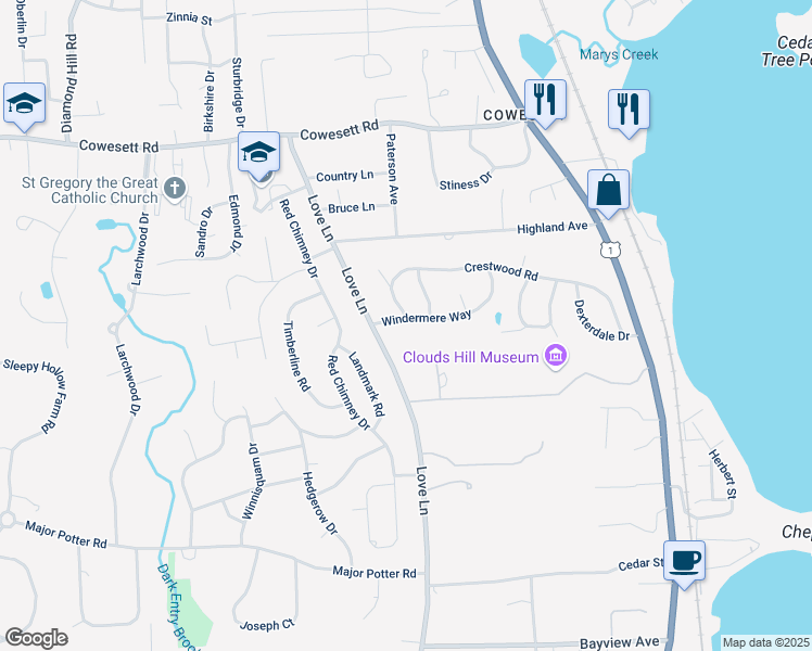 map of restaurants, bars, coffee shops, grocery stores, and more near 316 Crestwood Road in Warwick