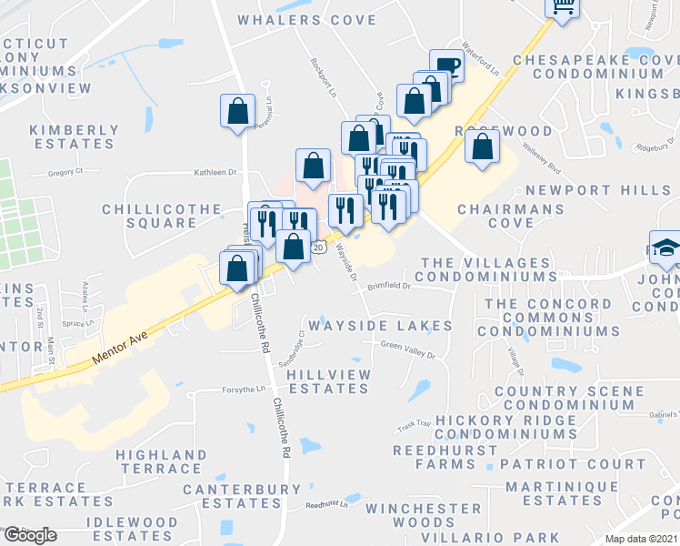 map of restaurants, bars, coffee shops, grocery stores, and more near 7062 Wayside Drive in Mentor