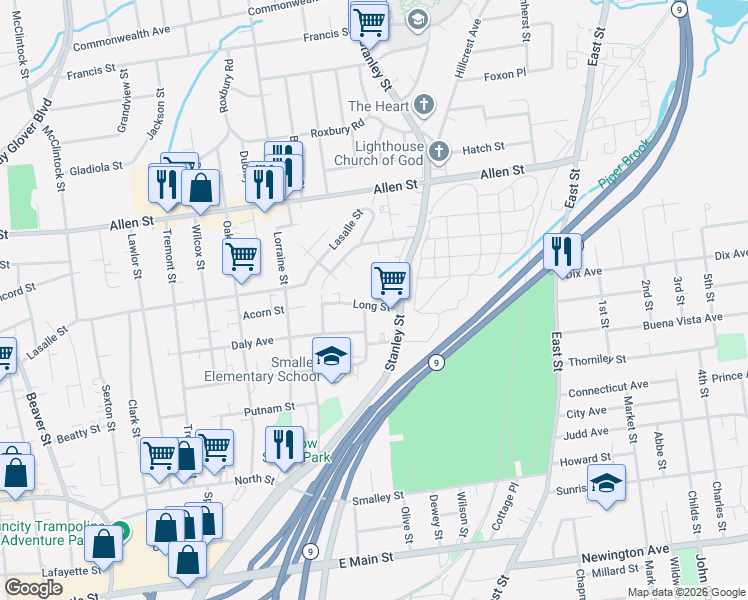 map of restaurants, bars, coffee shops, grocery stores, and more near 1214 Stanley Street in New Britain