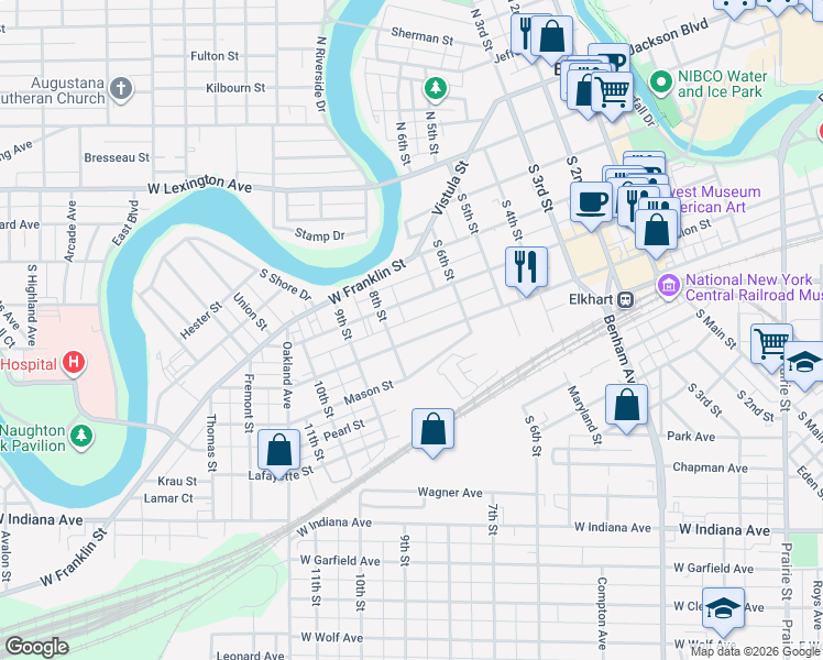 map of restaurants, bars, coffee shops, grocery stores, and more near 701 West Marion Street in Elkhart