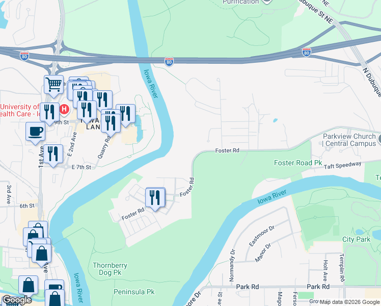 map of restaurants, bars, coffee shops, grocery stores, and more near 615-699 Foster Road in Iowa City