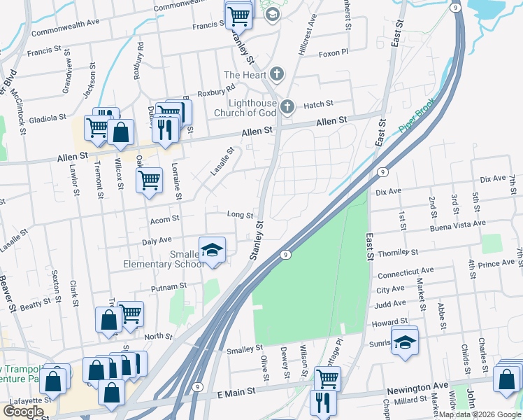 map of restaurants, bars, coffee shops, grocery stores, and more near 1197-1267 Stanley St in New Britain