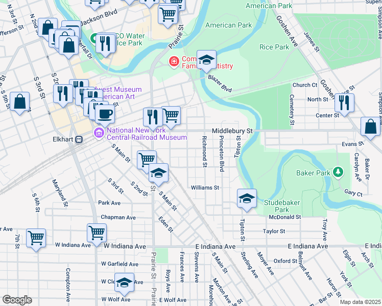 map of restaurants, bars, coffee shops, grocery stores, and more near 505 Aspenwald Avenue in Elkhart