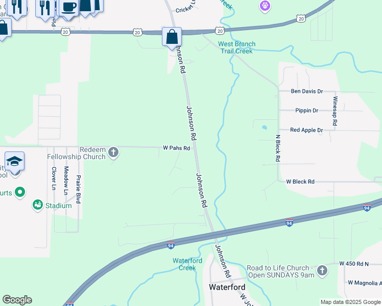 map of restaurants, bars, coffee shops, grocery stores, and more near 5052 North Johnson Road in Michigan City
