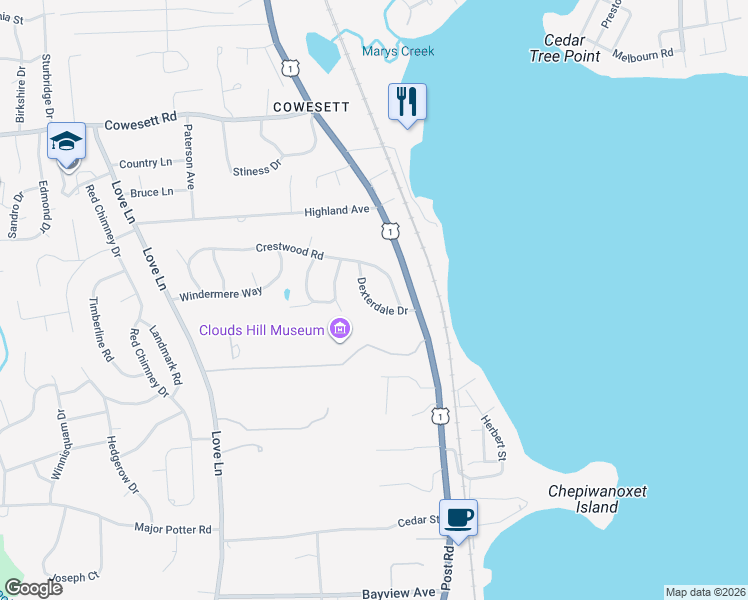 map of restaurants, bars, coffee shops, grocery stores, and more near 48 Crestwood Road in Warwick