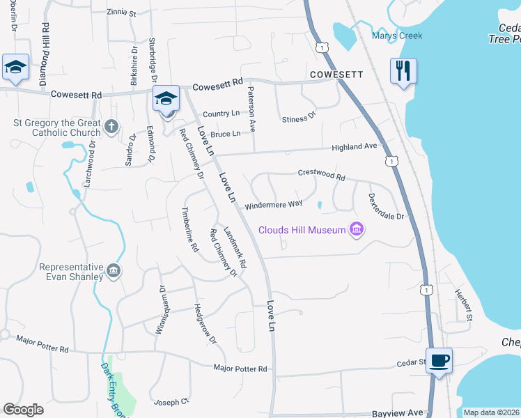 map of restaurants, bars, coffee shops, grocery stores, and more near 316 Crestwood Road in Warwick