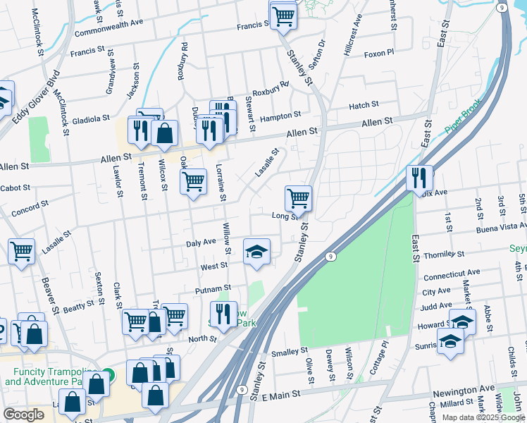 map of restaurants, bars, coffee shops, grocery stores, and more near 2 Victory Court in New Britain