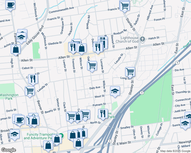 map of restaurants, bars, coffee shops, grocery stores, and more near 225 Oak Street in New Britain