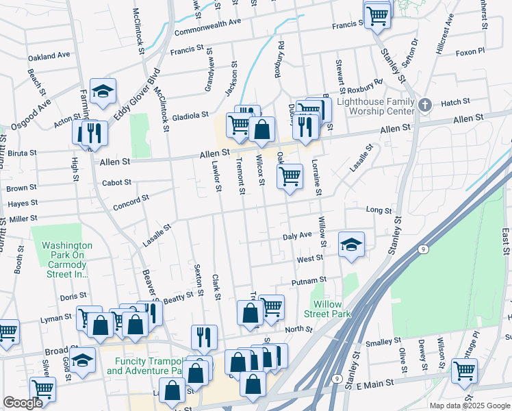 map of restaurants, bars, coffee shops, grocery stores, and more near 121 Wilcox Street in New Britain