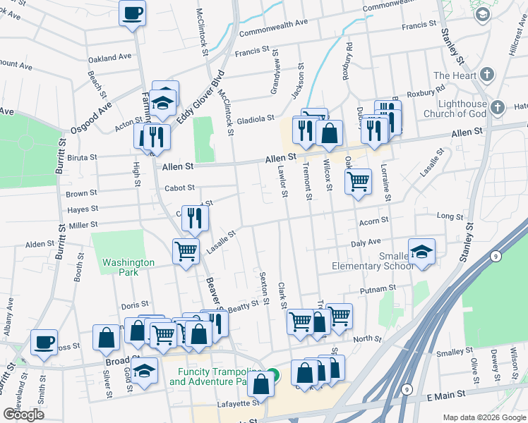 map of restaurants, bars, coffee shops, grocery stores, and more near 51 Atlantic Street in New Britain