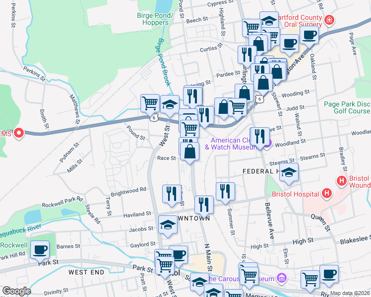 map of restaurants, bars, coffee shops, grocery stores, and more near 453 North Main Street in Bristol