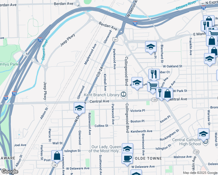 map of restaurants, bars, coffee shops, grocery stores, and more near 3211 Parkwood Avenue in Toledo