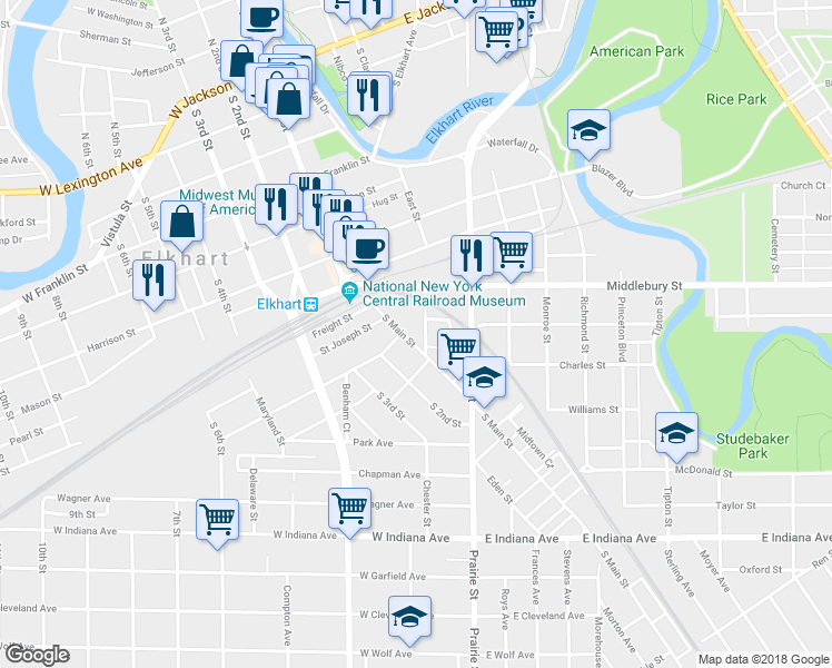 map of restaurants, bars, coffee shops, grocery stores, and more near 812 South Main Street in Elkhart