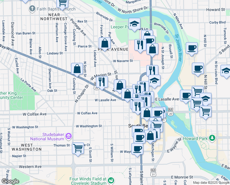 map of restaurants, bars, coffee shops, grocery stores, and more near 410 West Madison Street in South Bend