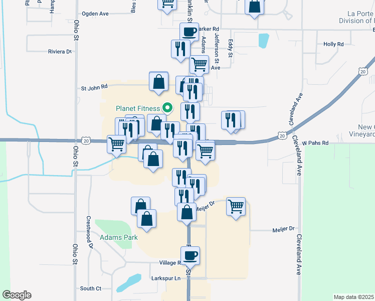 map of restaurants, bars, coffee shops, grocery stores, and more near in Michigan City