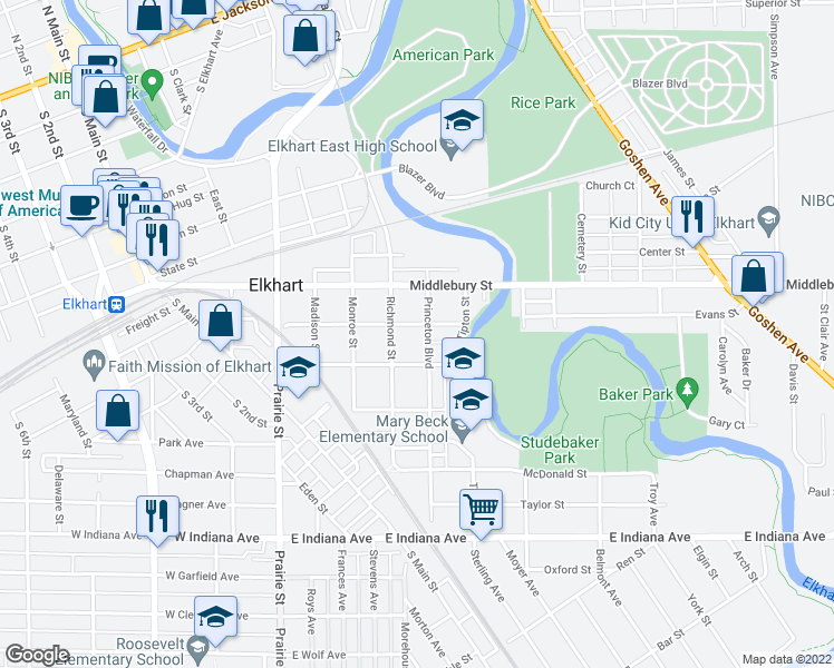 map of restaurants, bars, coffee shops, grocery stores, and more near 621 Aspenwald Avenue in Elkhart