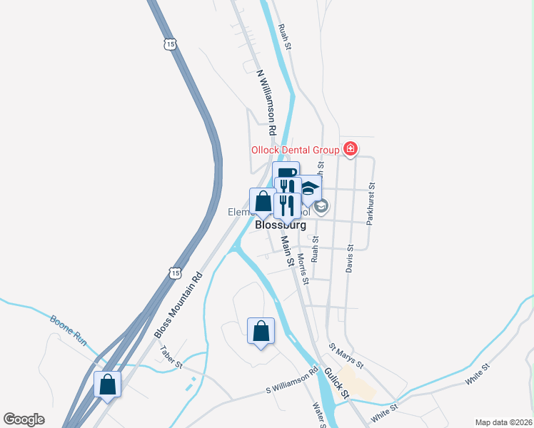 map of restaurants, bars, coffee shops, grocery stores, and more near 3 Riverside Plaza in Blossburg