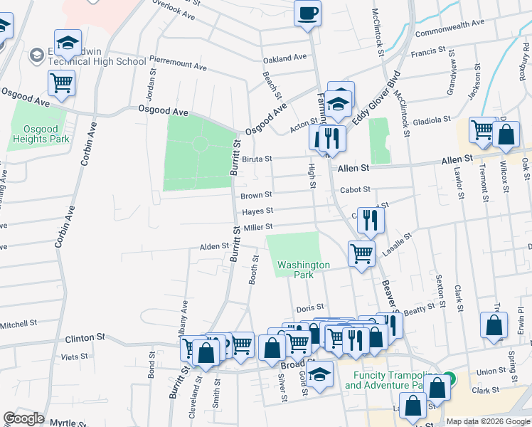 map of restaurants, bars, coffee shops, grocery stores, and more near 118 Hayes Street in New Britain
