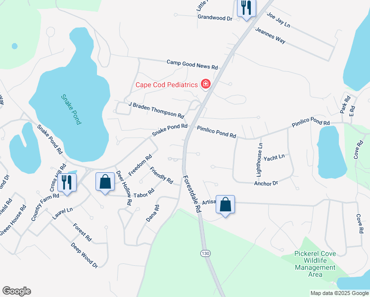 map of restaurants, bars, coffee shops, grocery stores, and more near 35 Forestdale Road in Sandwich