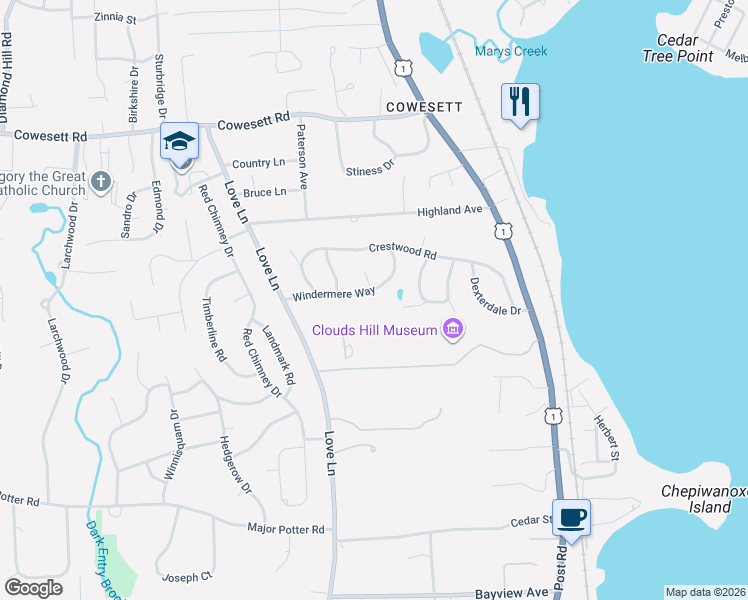 map of restaurants, bars, coffee shops, grocery stores, and more near 45 Windermere Way in Warwick
