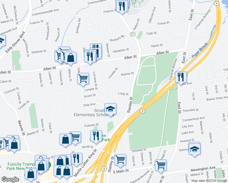 map of restaurants, bars, coffee shops, grocery stores, and more near 67 Long Street in New Britain