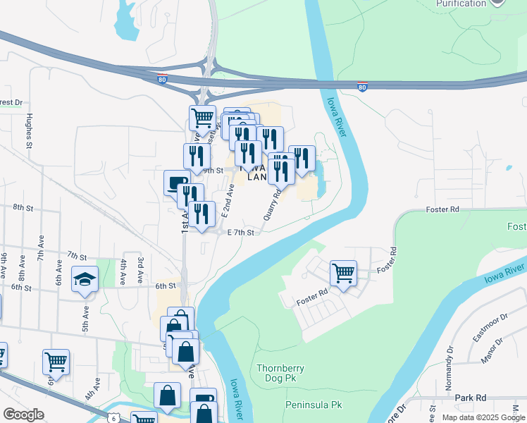 map of restaurants, bars, coffee shops, grocery stores, and more near 920 Quarry Road in Coralville