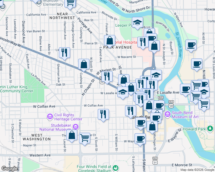 map of restaurants, bars, coffee shops, grocery stores, and more near 432 Lincolnway East in South Bend