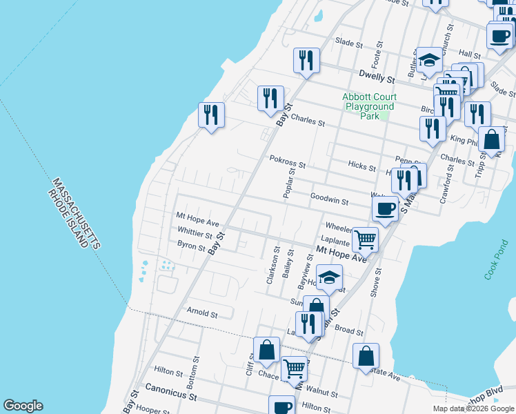map of restaurants, bars, coffee shops, grocery stores, and more near 268 Moorland Street in Fall River