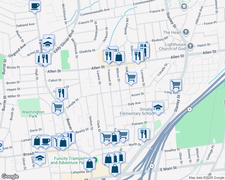 map of restaurants, bars, coffee shops, grocery stores, and more near 247 Tremont Street in New Britain