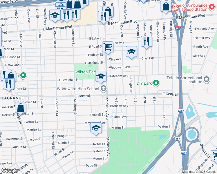 map of restaurants, bars, coffee shops, grocery stores, and more near 3157 Pomeroy Street in Toledo