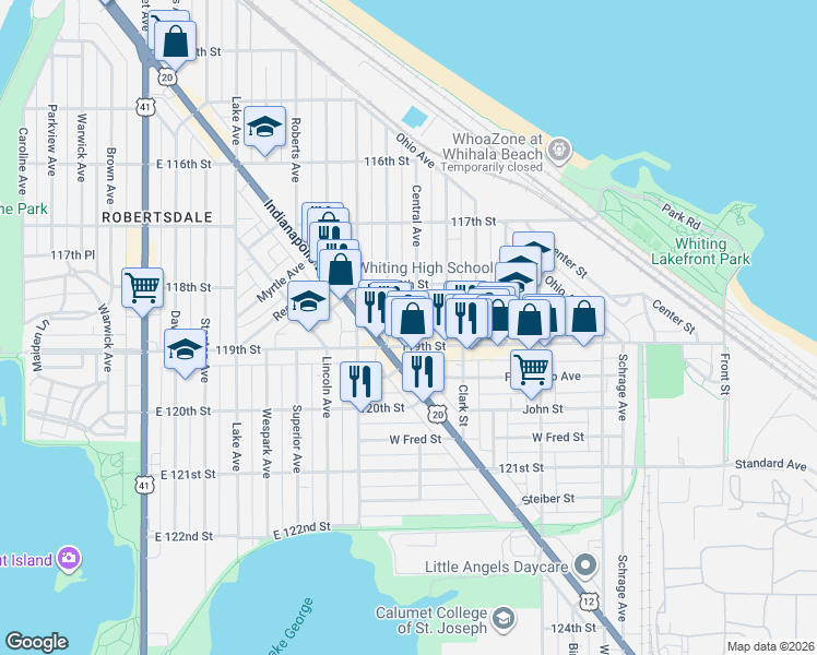 map of restaurants, bars, coffee shops, grocery stores, and more near 1814 Central Avenue in Whiting