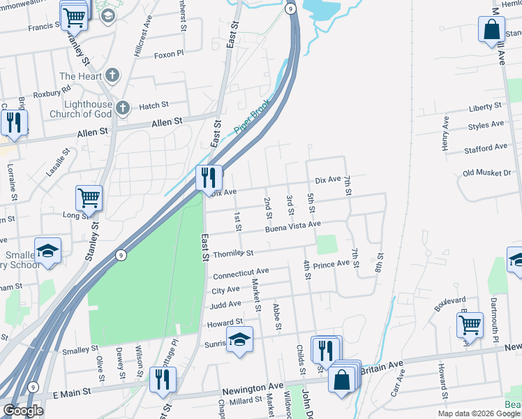 map of restaurants, bars, coffee shops, grocery stores, and more near 30 2nd Street in New Britain