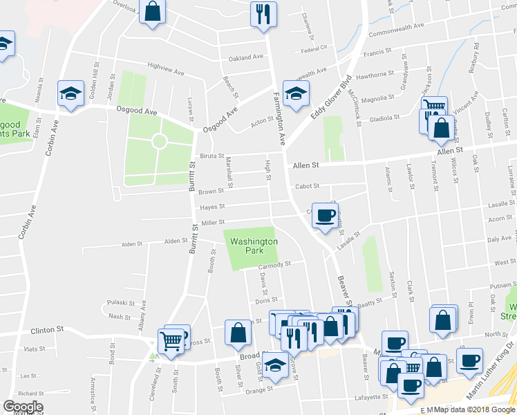 map of restaurants, bars, coffee shops, grocery stores, and more near 52 Hayes Street in New Britain