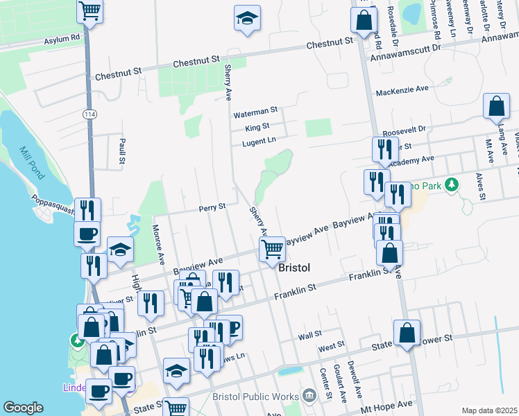 map of restaurants, bars, coffee shops, grocery stores, and more near 24 Sherry Avenue in Bristol