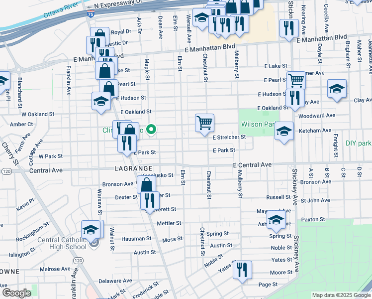 map of restaurants, bars, coffee shops, grocery stores, and more near 3136 Elm Street in Toledo